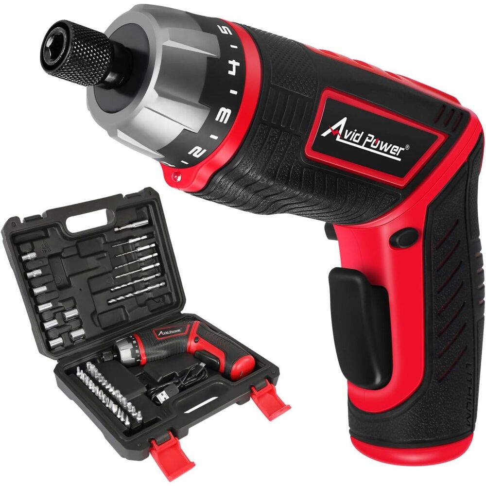 New AVID POWER 4V Electric Cordless Screwdriver Set 5.65Nm 44 Bits with Case